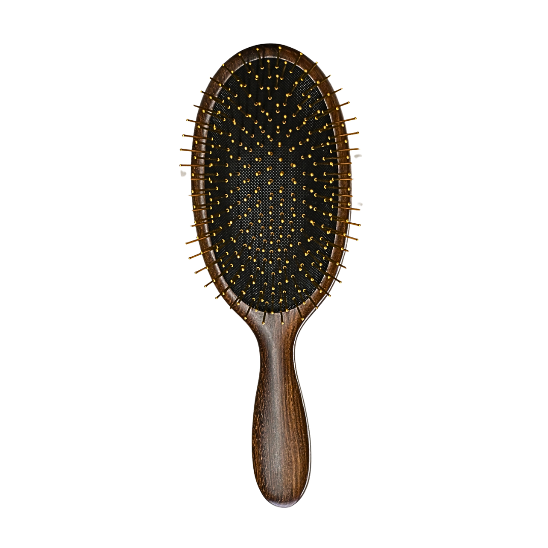 Luxury Detangling Hair Brush, Gold Plated Steel Bristles, Walnut Wood Handle, 9x3.5 Inch