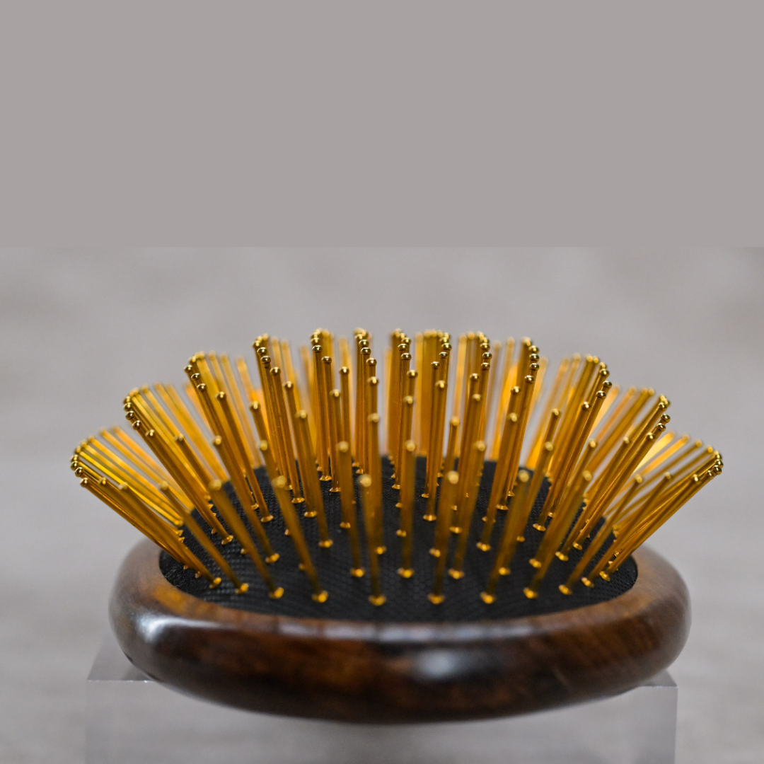 Luxury Detangling Hair Brush, Gold Plated Steel Bristles, Walnut Wood Handle, 9x3.5 Inch