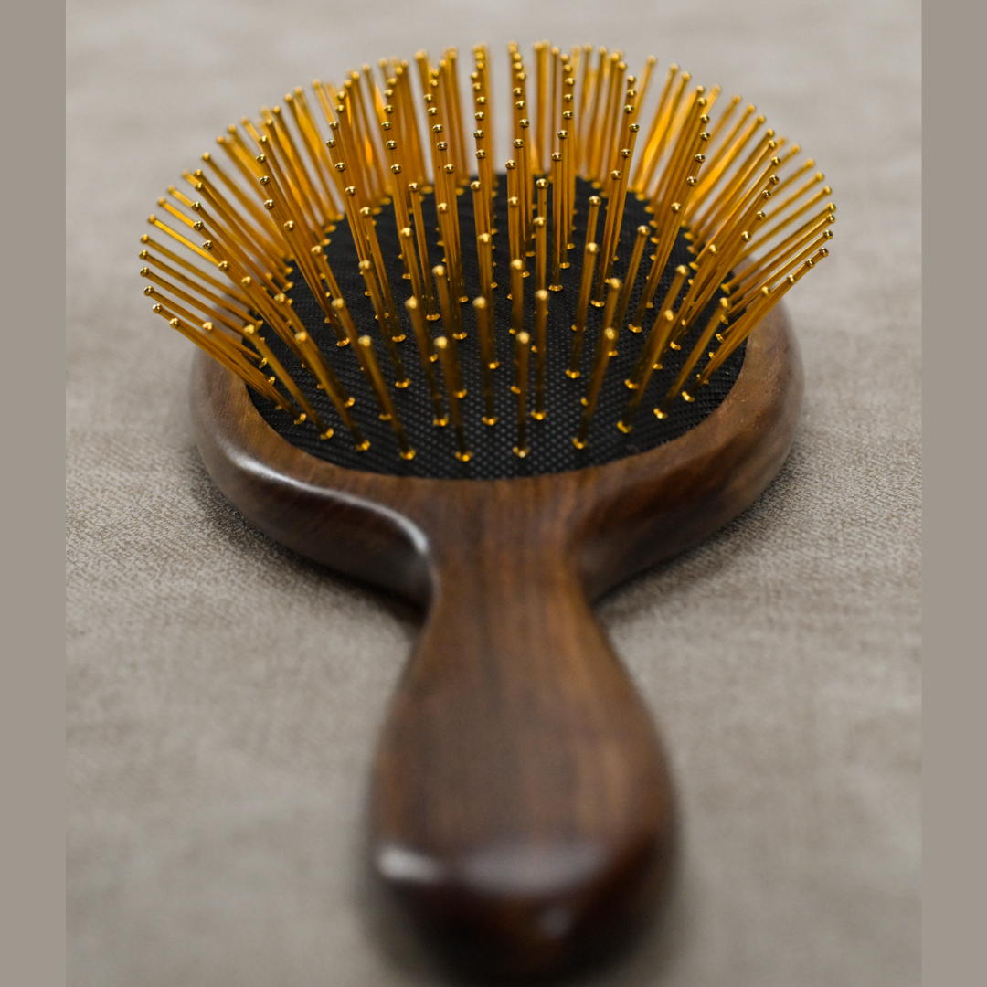 Luxury Detangling Hair Brush, Gold Plated Steel Bristles, Walnut Wood Handle, 9x3.5 Inch