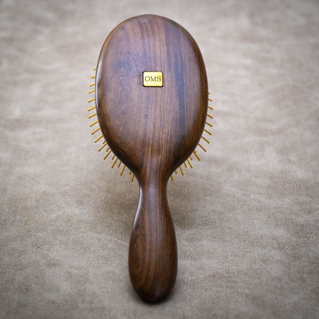 Luxury Detangling Hair Brush, Gold Plated Steel Bristles, Walnut Wood Handle, 9x3.5 Inch